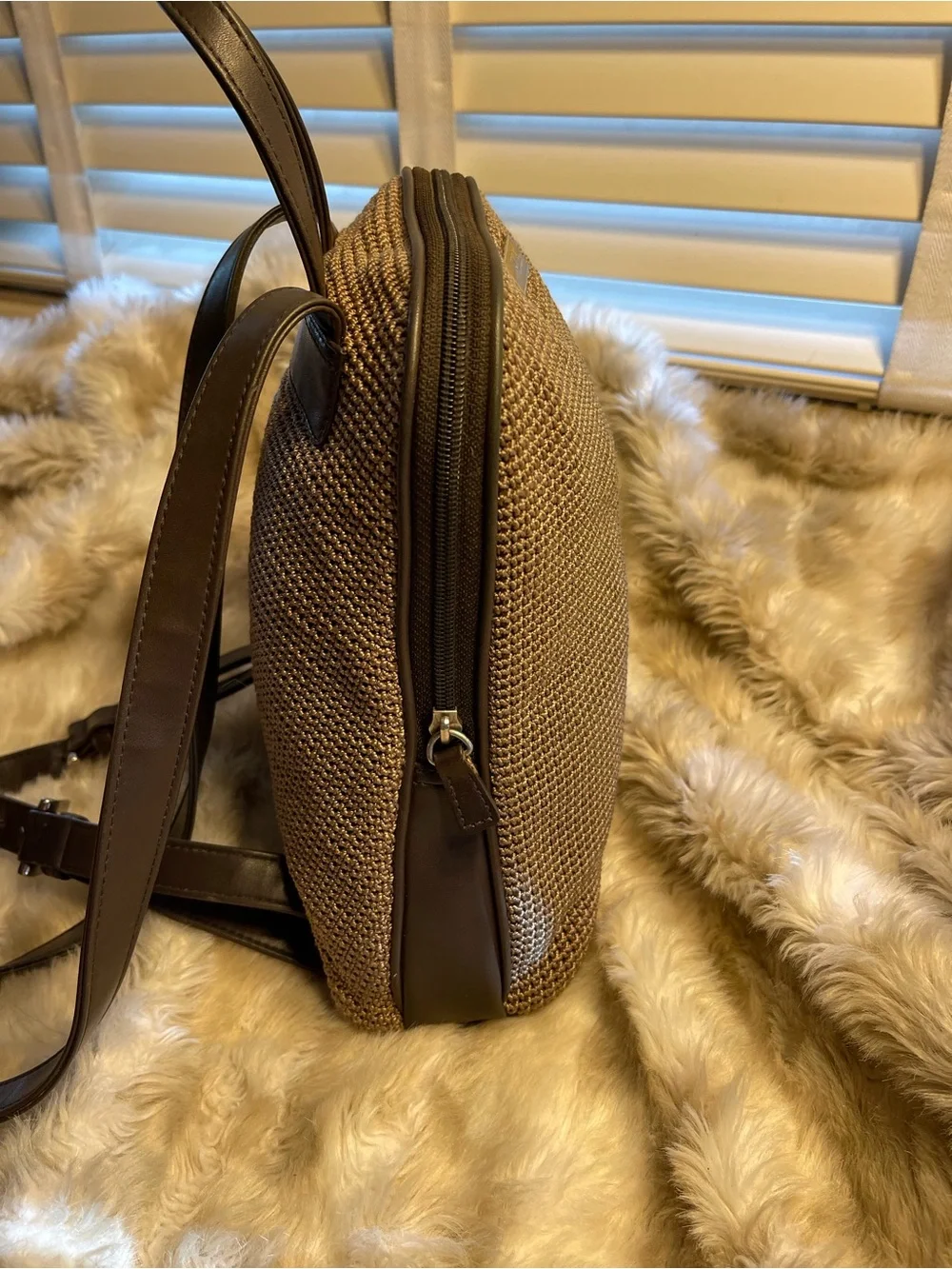 The Sak Brown Woven Backpack with Dark Trim
